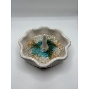 Handmade Ceramic Pottery Ring Holder Teal Brown Glass Accent 2011 Dean Yates